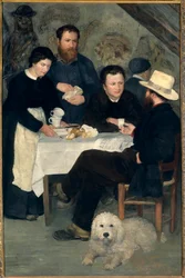 Chez la Mere Antony a Marlotte (Bourron-Marlotte (77))。クロード・モネ、アルフレッド・シスレー、シャルル・ル・クールが「アントニー夫人のいる食卓」を囲んでいる様子、ピエール・オーギュスト・ルノワール（1841-1919）の絵画