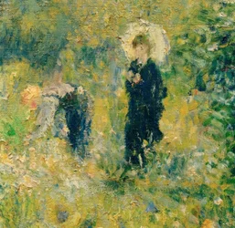 庭に日傘を持つ女性