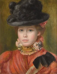 赤い花と黒い帽子の少女c。 1890