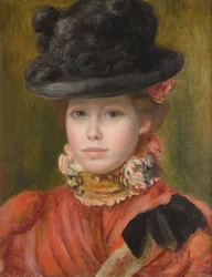 Jeune fille au chapeau noir et fleur rouge - 黒い帽子と赤い花の少女 by Renoir, Pierre Auguste (1841-1919), c. 1890 - 油彩・キャンバス - Private Collection