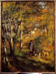 フォンテーヌブローの森にいるジュール・ルクールと犬たち。ピエール・オーギュスト・ルノワール（1841-1919）の絵画