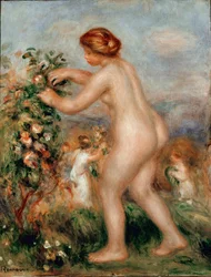 花への頌歌。裸の女性がバラの木を持って、バラを ceuillating。絵画：ピエール・オーギュスト・ルノワール（Pierre-Auguste