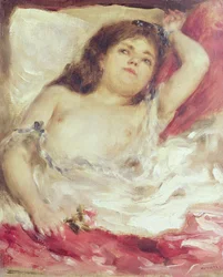 ベッドの中でセミヌードの女性：1872年以前のバラ（キャンバスに油彩）