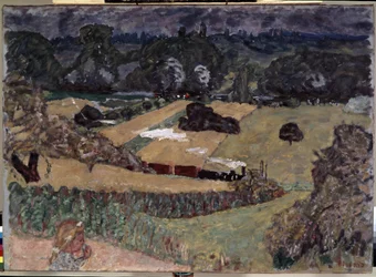 貨物列車のある風景。 ピエール・ボナール (1867-1947) の絵画