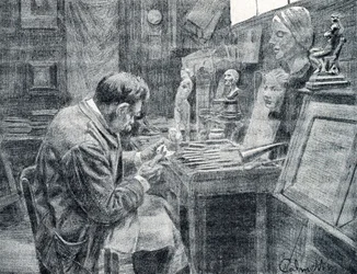 Trabalhador de marfim esculpindo marfim com cinzéis, raspadores e goivas Gravura de “Excursion a travers les metiers” de Pierre Calmette Private Collection