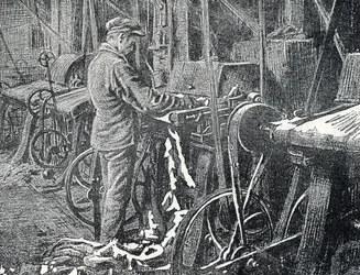 皮革産業: 毛皮の機械刈り取り ピエール・カルメット個人コレクションによる「Excursion a travers les metiers」の彫刻