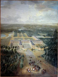 トリアノンの城と庭園の透視図：馬に乗ったルイ15世の遊歩道。ピエール・ドニ・マルタン（1663-1742）の作品。18世紀の作品。縮小。2.96 x 2.23 m. Versailles, musee du Chateau - トリアノンの城と庭園の透視図