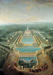 マルリー城の透視図、水桶の前を通る馬車に乗ったルイ15世（1710年～1774年）の子供 絵画：ピエール・ドニ・マルタン（1663年～1742年） 1724年 日没。2,96 x 2,24 m