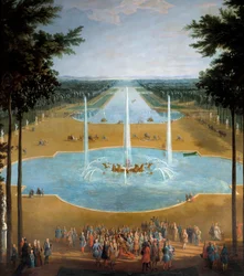 1713年のヴェルサイユのアポロンの水盤と大水路の眺め、前景。ルイ14世（1638-1715）が1713年頃にプロムナードを持つ ピエール・ドニ・マルタン（1663-1742）の絵画の詳細 Sun.2,6x1,3 m