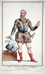 ドン・フェルナンド・アルヴァレス（1507-82）、1780年に出版された「Receuil des Estampes, Representant les Rangs and les Dignites, suivant le Costume de toutes of the Nationes Existantes」より（手彩色の彫刻）。