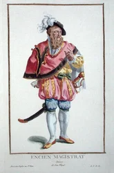 1780年に出版された「Receuil des Estampes, Representant les Rangs et les Dignites, suivant le Costume de toutes les Nationes Existantes」より、スイス人行政官の服装（手彩色の彫刻）。