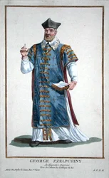 ジョージ・ツェルプチニー、1780年出版の「現存するすべての国の衣装に沿って、王と尊厳を表現した肖像画の記録」より（手彩色の彫刻）