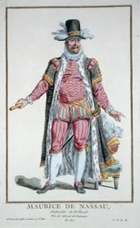 ナッソー公モーリス（1567-1625）オランダ共和国の市議会議員 1780年発行の「Receuil des Estampes, representant les Rangs and les Dignites, suivant le Costume de toutes les Nation Existantes」より（手彩色のエングレービング）