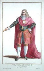 ヴィクトル・アマデウス2世（1666-1732）「Receuil des Estampes, representant les Rangs and les Dignites, suivant le Costume de toutes les Nationes Existantes」（1780年刊）より（手彩色の彫刻）。