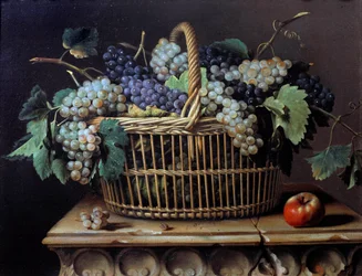 かごの中のブドウの房の静物ピエール・デュプイによる絵画