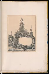 噴水とオベリスクを背景にしたカルトゥーシュ