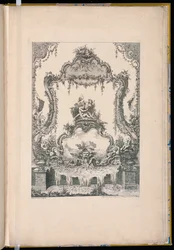 川の神、ニンフ、噴水を示す二重カルトゥーシュ装飾パネル