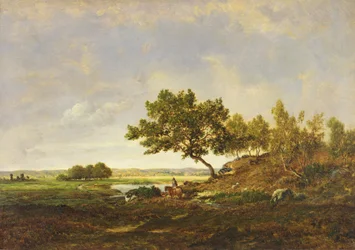 丘のふもとの池、c.1848-55（木の上の油）