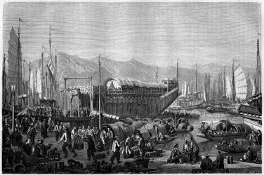 1860年、中国・上海の港にあったレストラン兼娯楽施設「ボート・デ・フルール」。エドゥアール・シャルトン編『Le Tour du Monde, Nouveau journal des Voyages』（パリ）に掲載されたグランジールの版画