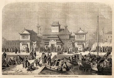 1857年から1858年にかけてのモゲス侯爵の中国と日本への航海を説明するためにグランジールが描いた上海税関ビル。パリの "Le tour du monde, nouveau journal des voyages "に掲載された版画