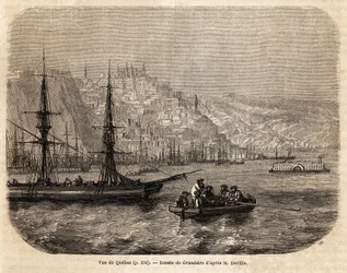 1854-1855年の北アメリカへの航海を説明するために、L.デヴィルが描いたグランジールによるケベックの眺め。1861年の "Le tour du monde "に掲載されたエングレーヴィング。セルバのコレクション。