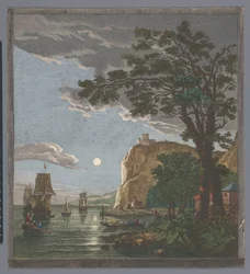 月明かりの下で船やボートが水上にある海岸の眺め La pleine lune (オブジェクトのタイトル)