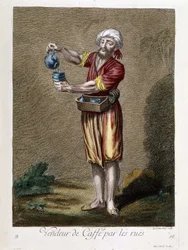 街頭のコーヒー売り。『1707年および1708年のレヴァントの諸民族を表す100点の版画集』。王のオスマン宮廷駐在大使フェリオル氏の命により制作され、ル・エ氏の尽力で1712-13年に改訂、彫版師バザン、パリ