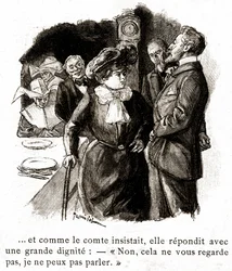 「ブール・ド・スイフ」：伯爵への返事を拒むエリザベート・ルセ、20世紀初頭（イラスト）。