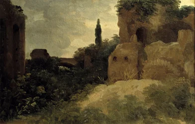 ローマ遺跡ヴィラ・ファルネーゼにて ピエール・ヴァランシエンヌ（1750-1819）の絵画 18世紀 日0.26×0.4m