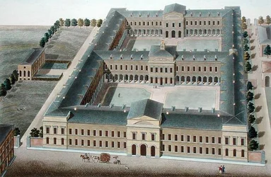 ブリュッセルのホスピス、ピエール・ジャック・ゲッヘッビュール作「Choix des Monuments, Edifices et Maisons les plus remarquables du Royaume des Pays-Bas」より、H.L.F.Partoesの彫刻、1827年発行（アクアチント）。