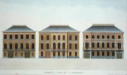 ベルギー、ゲントとグラモントの家（ピエール・ジャック・ゴエッヘビュール著「Choix des Monuments, Edifices et Maisons les plus remarquables du Royaume des Pays-Bas」1827年発行より）（アクアチント