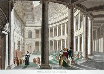 リエージュのアカデミーの内部、ピエール・ジャック・ゲッヘッビュール作「Choix des Monuments, Edifices et Maisons les plus remarquables du Royaume des Pays-Bas」より、J.N.シェブロンが彫刻、1827年発行（アクアチント）。