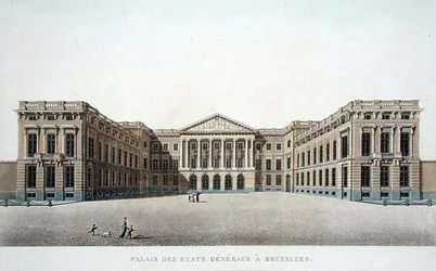 ブリュッセルのエステイト・ジェネラル宮殿、ピエール・ジャック・ゲッヘッビュール著「Choix des Monuments, Edifices et Maisons les plus remarquables du Royaume des Pays-Bas」（1827年刊）より（アクアチント）。