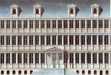 ゲントの市庁舎、1827年に出版されたピエール・ジャック・ゲトゲトビュールの「Choix des Monuments, Edifices et Maisons les plus remarquables du Royaume des Pays-Bas」より（アクアチント）