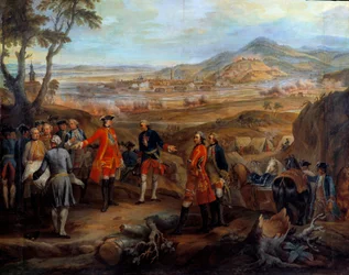フランドル地方のキャンペーン（1745年〜1747年）。「1744年10月11日のフリブール・イン・ブリスガウの包囲」ルイ15世が軍事作戦を指揮する。ピエール・ニコラ・レンファン（1704-1787）による絵画 18世紀 日2,75x2,5 m