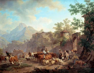 移牧の山のデビューのための群れの出発。 Pierre Louis Larive (de la Rive) Godefroy (1735-1817) による絵画 1813 年、ジュネーブ、美術歴史博物館