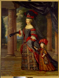 フランス王妃マリー・テレーズ・オブ・オーストリア（1638 - 1683）と偉大なるイルカの肖像。ピエール・ミニャール（1612-1695）による絵画