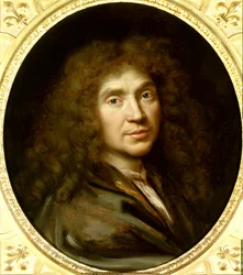 モリエール（1622-1673）の肖像 ジャン・バティスト・ポケリンキャンバスに油彩。薄さ：0.55 x 0.48。ピエール・ミニャール（1612-1695）による1658年頃の絵画。シャンティ。Musee Conde.- モリエール（1622-1673）の肖像 ジャン・バティスト・ポケリン。油彩・キャンバス。0.55 x 0.48.画家