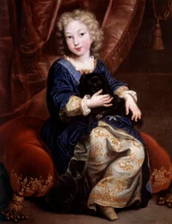 アンジュー公フィリップ（1683～1746年）（後のスペイン王フィリップ5世）の肖像 画：ピエール・ミニャール（1612～1695年）による黒犬を連れた子供の肖像
