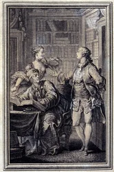 吝嗇家の女、胆力のある鰐 - ジャン・ラ・フォンテーヌの「詩による物語とヌーベル」の中で。1776.挿絵はP.P.Choffard。