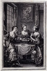 La Gageure des trois commeres - Jean La Fontaineの「Tales et nouvelles en vers」の中で。1776.イラスト：P.P.Choffard