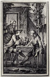 耳かきやムール貝のラッコ入れ。ジャン・ド・ラ・フォンテーヌの「Tales et nouvelles en vers」（アムステルダム、1776年）の中で、P.P.Choffardが描いています。
