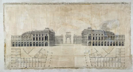建築の話「マルセイユのロワイヤル広場の計画、港を見る視点と平面図」1686年（図面