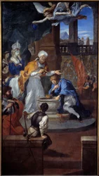 496年12月25日にランスで行われたクロヴィスの洗礼。ピエール・ピュジェ（1620-1694）による絵画