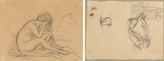 女性のヌードの習作（おそらく未実現の寓意画のため）（直訳）; ドレープの研究と風景の研究（裏）