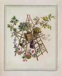 トロフィー、属性、カートリッジ、花瓶、花、装飾品、いくつかの楽しい絵のコレクションを含む作品から、アームチェアを刺繍する庭のテキスタイルデザイン。エティエンヌCによって彫刻されています