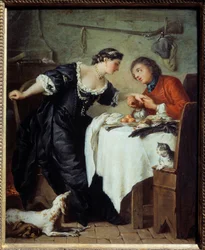 ハヤブサです。ジャン・ド・ラ・フォンテーヌの寓話の挿絵。ピエール・サブレイラ（1699-1749）による絵画