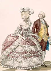 非公式のウェディング・ドレス、デュパンのエングレービング、「Galeries des Modes et Costumes Francais」のプレートNo.88、1778-87年頃（カラー・エングレービング） 99:衣服、伝統的なドレス、伝統的な衣装、ファッション、イラスト、18世紀、ファッショナブル、衣服、女性、男性、ガウ