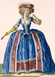 英国風のフープドレス、ブルゴーニュのフリルの縁取り、ブルーの刻印入り、「Galeries des Modes et Costumes Francais」のプレートno.182、c.1778-87 99：clothing;