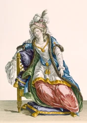 レタス「ハビットアラスルタン」、パタスによって彫刻された、「Galeries des Modes et Costumes Francais」のプレート番号107、c.1778-87 99：衣類。伝統的なドレス;伝統的な衣装;ファッション;私